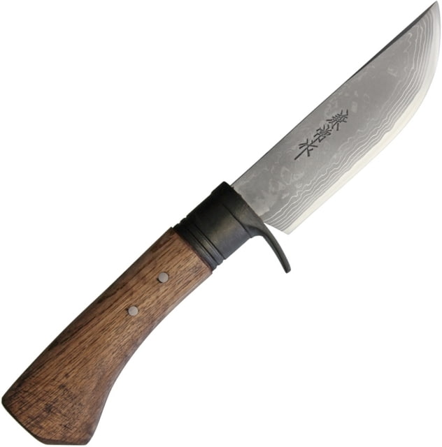 Kanetsune Sazanam Knife 10.38in Overall 4.88in Blue Steel Drop Point Oak Handle SS Guard Magnolia Wood And Black Leather Sheath - Kanetsune