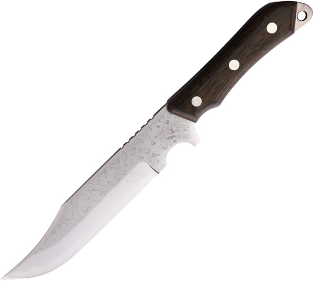 Kanetsune Seseragi Clip Fixed Blade Knife 10.5in Overall 6in 15 Layer Damascus Steel Clip Point Blade Brown Wood Handle Leather Belt Sheath - Kanetsune