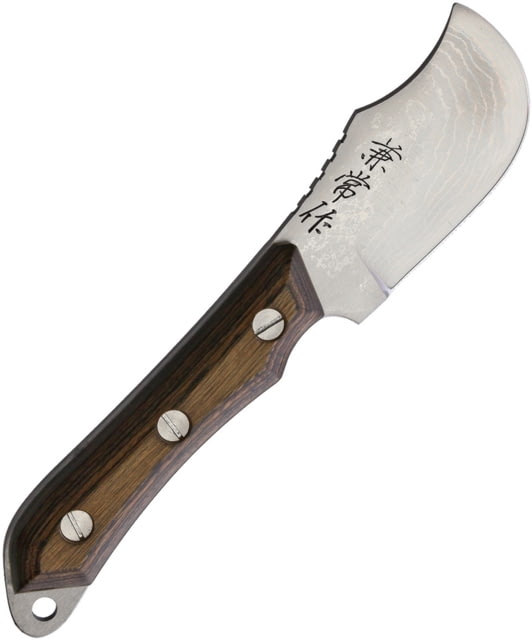 Kanetsune Seseragi Knife 7.25in Overall 2.63in Damascus Steel Skinner Blade Brown Wood Handle Brown Leather Sheath - Kanetsune