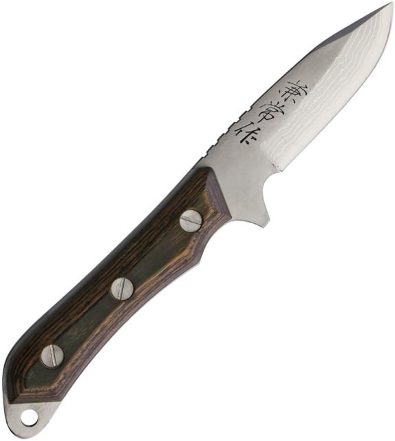 Kanetsune Seseragi Knife 8in Overall 3in Damascus Steel Drop Point Brown Wood Handle Brown Leather Sheath - Kanetsune