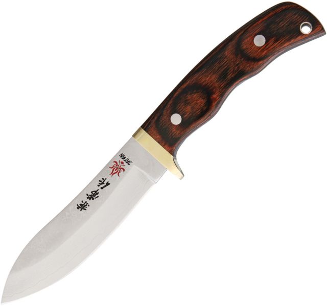 Kanetsune Subaru Skinner Fixed Blade Knife 4.38in Damascus Steel Brown Wood Handle - Kanetsune