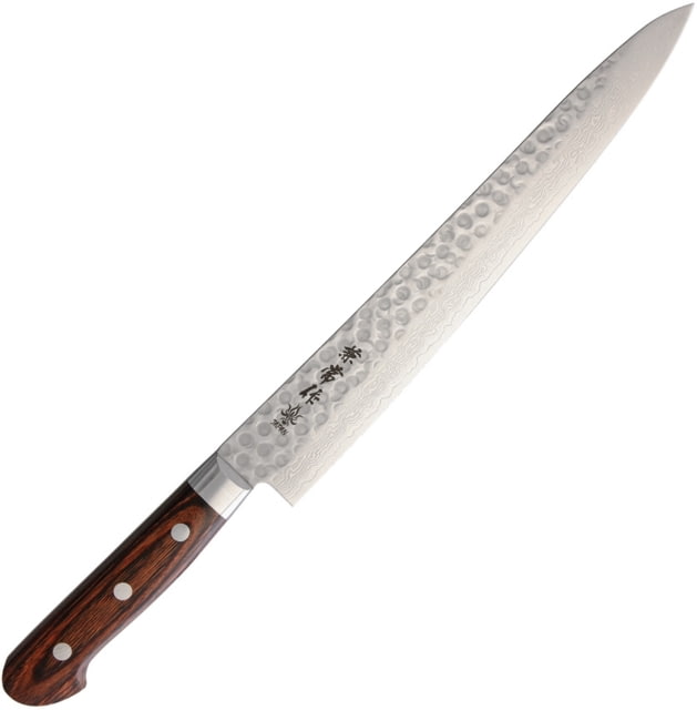 Kanetsune Sujihiki Kitchen Knives 14.5in Overall 9.75in Hammered Finish Vg-10 Damascus Steel Blade Brown Laminated Wood Handle SS Guard brown - Kanetsune