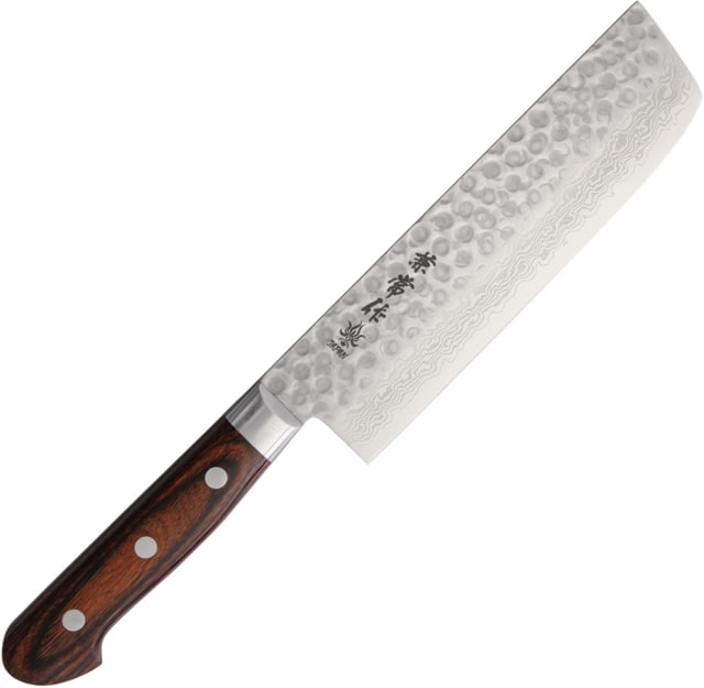 Kanetsune Usubagata Kitchen Knives 11.25in Overall 6.75in Hammered Finish Vg-10 Damascus Steel Blunt Tip Blade Brown Laminated Wood Handle SS Guard - Kanetsune