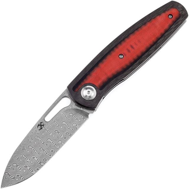 Kansept Knives Mato CF/Red Dam Folding Knife 4.25in Closed 3.25in Damascus Steel Spear Point Blade Carbon Fiber/Red G10 Handle Black Nylon Pouch