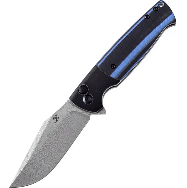 Kansept Knives Skikari SBL Damascus Black/Blue Folding Knife 4.38in Closed 3.38in Damascus Steel Clip Point Blade Black/Blue G10 Handle Black Nylon