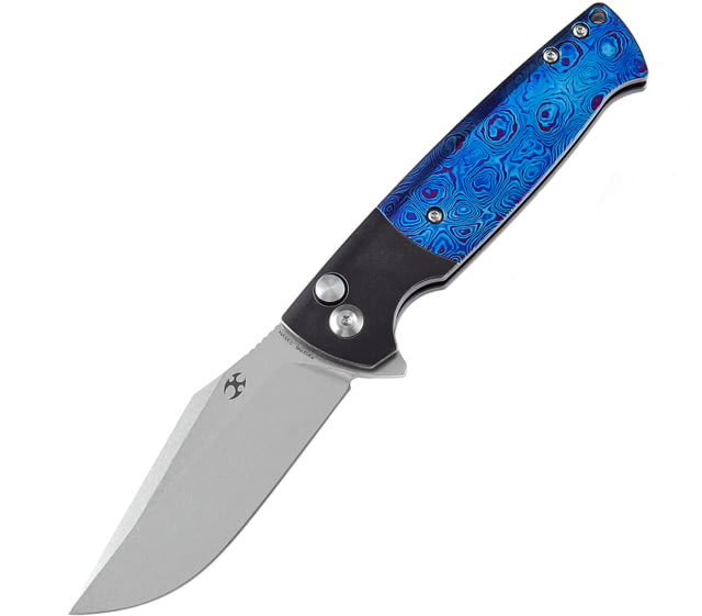 Kansept Knives Skikari SBL CPM S35VN Folding Knife 4.38in Closed 3.38in Stonewash CPM S35VN Stainless Clip Point Blade Blue Timascus Handle Black