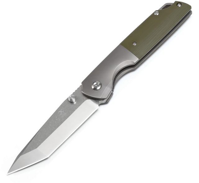 Kansept Knives Warrior Framelock Green Folding Knife 3.5" stonewash and satin finish CPM S35VN stainles Gray titanium handle with green micarta inlay