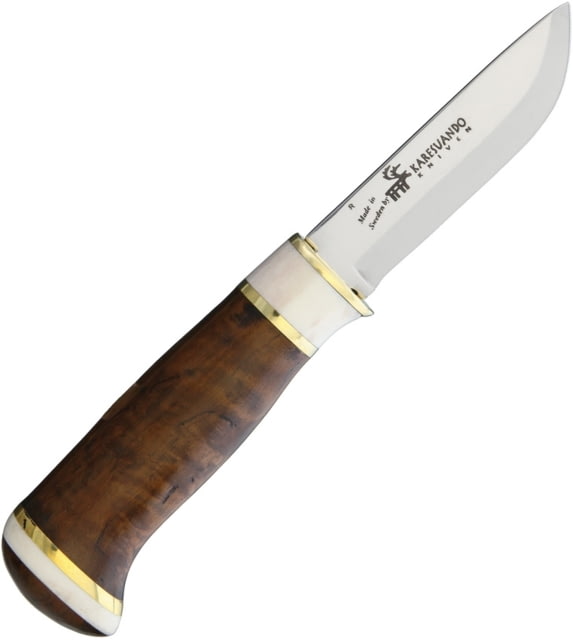 Karesuando Hieno Curly Birch Fixed Blade Knife 7.63in Overall 3.25in Mirror 12C27 Sandvik SS Drop Point Brown Curly Birch And Reindeer Horn Handle - Karesuando