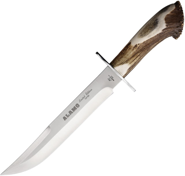 Katz Alamo Bowie LE Crown Stag Fixed Blade Knife 15in Overall 10in XT-75 Steel Satin Bowie Blade Crown Stag Handle Brown Leather Belt Sheath - Katz