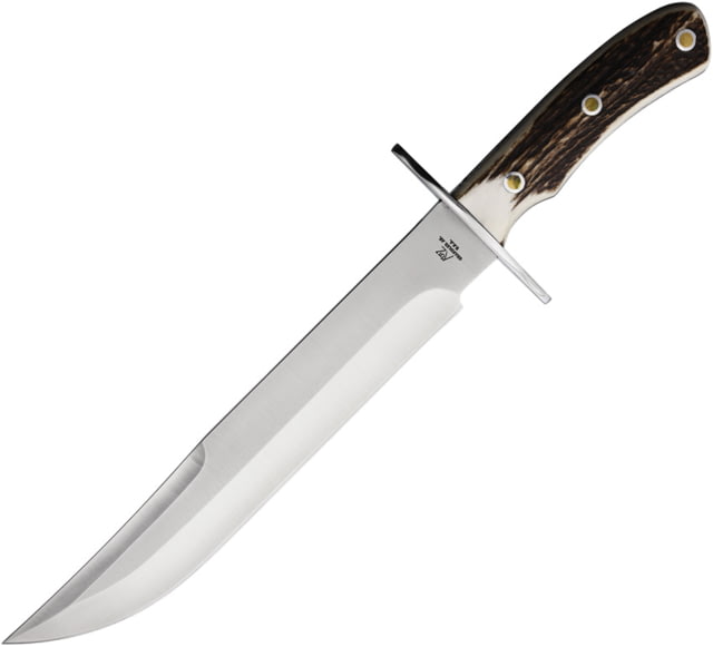 Katz Alamo Bowie Stag Fixed Blade Knife 15in Overall 10in Satin Bowie XT-75 Steel Blade Stag Handle Brown Leather Belt Sheath - Katz