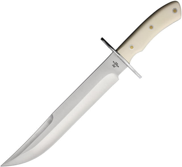 Katz Alamo Bowie White Micarta Fixed Blade Knife 15in Overall 10in Bowie XT-75 Steel Blade White Micarta Handle Brown Leather Belt Sheath - Katz