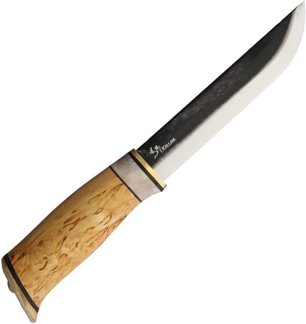 Kellam Arctic Hunter Knife 5.75" carbon steel blade Curly birch and reindeer antler handle with leathe - Kellam