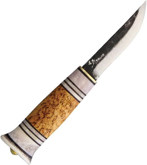 Kellam Borealis Knife 3.75" hammered finish carbon steel blade Curly birch and reindeer antler handle with leathe - Kellam