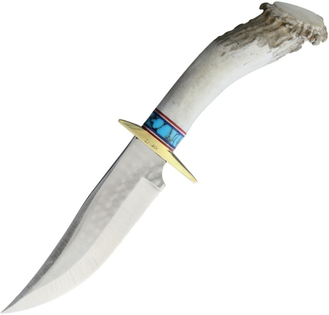 Ken Richardson Knives Bowie Knife 10in Overall 5in 1085Hc Steel Clip Point Blade Shed Deer Or Elk Antler Handle With Turquoise Inlay Brown Leather - Ken Richardson Knives