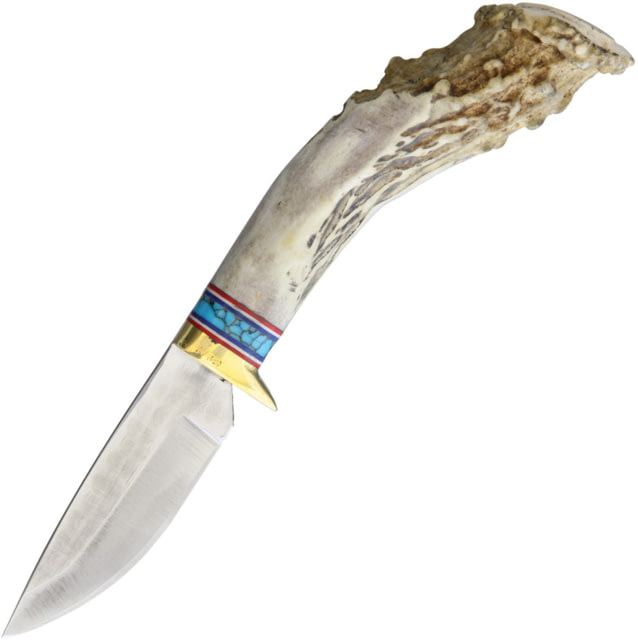 Ken Richardson Knives Small Drop Point Hunter Knife 3" 1085HC steel blade Shed deer or elk antler handle with turquoise inla