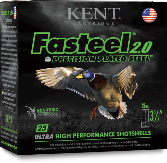 Kent Cartridge Fasteel 2.0 Precision Plated Steel 12 Gauge 1 3/8oz 3.5in 3 Size Shotgun Ammo 25 Rounds t Cartridge Fasteel 2.0 Precision Plated Steel 12 Gauge 1 3/8oz 3.5in 3 Size Shotgun 25 Rounds Ammo