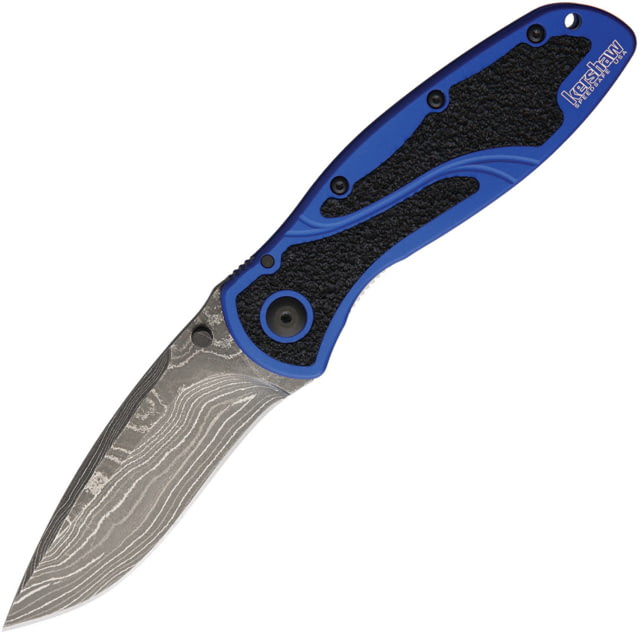 Kershaw Blur Linerlock A/O Blue Dam Folding Knife 3.5" Damascus steel blade Blue anodized aluminum handle with black Trac-Tec - Kershaw Knives
