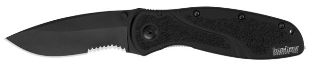 Kershaw Blur Glass Breaker - Black Assisted Folding Knife 3.4in 14C28N Black Cerakote Serrated Drop Point Blade Black 6061-T6 Aluminum/Trac-Tec Handle