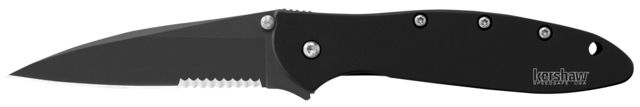 Kershaw Leek Assisted Folding Knife 3in 14C28N Serrated Black Drop Point Blade Black 410 Stainless Steel Handle