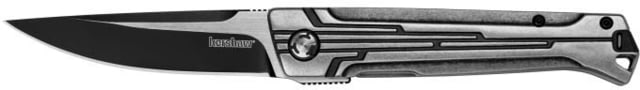 Kershaw Noventa Folding Knife 3.3in D2 Steel Black-Oxide Drop Point Plain Blade Stonewashed Stainless Steel Silver Handle - Kershaw