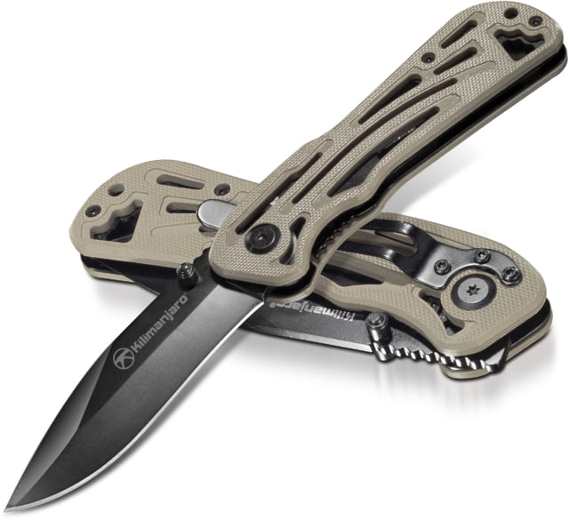 Kilimanjaro Gear Caula Folding Knife3.4inTan Skeletonized G10 Handle Black Plain Blade KJ - Kilimanjaro Gear