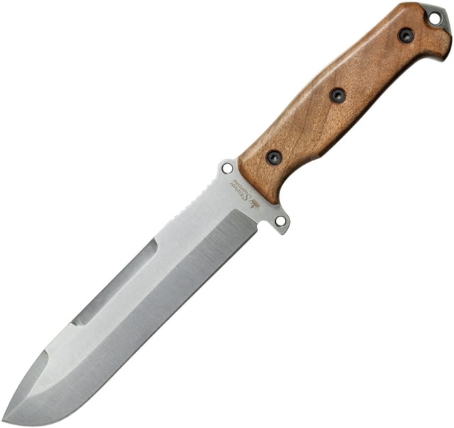 Kizlyar Survivalist Full g Knife 13in Overall 7.5in Satin Aus-8 SS Drop Point Brown Wood Handle Glass Breaker Dual Lashing Holes Camo Nylon Sheath - Kizlyar