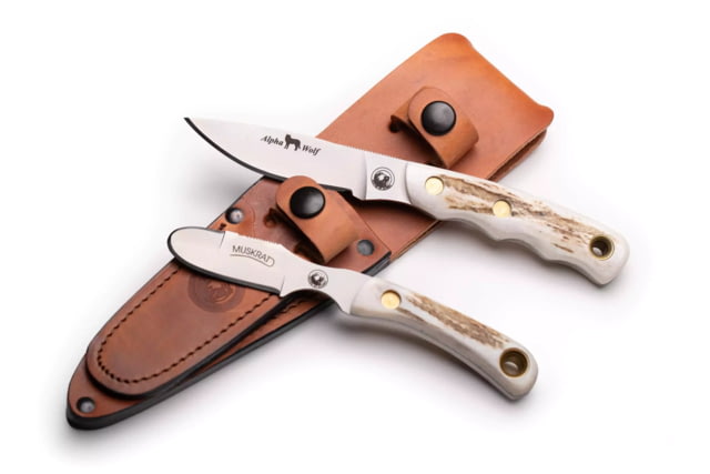 Knives of Alaska Alpha Wolf/Muskrat Combo Fixed Blade Knives 3in/2.25in Magnacut Stainless Steel Drop Point/Round Tip Blade Stag White/Brown - Knives Of Alaska