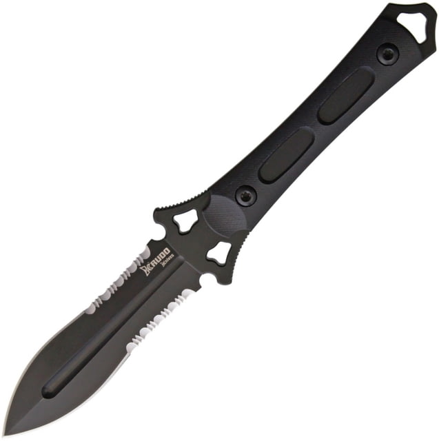 Krudo MANIKOMIO Knife 11in Overall 5in Black Partially Serrated 9Cr18Mov SS Blade Black G10 Handle Double Edge Blade Black Kydex Sheath - Krudo