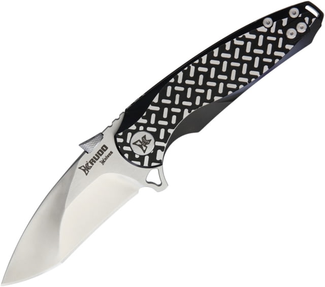 Krudo Revolute Framelock Folding Knife 3.5in Satin 9Cr18Mov SS Blade Black 420J2 SS Handle Glass Breaker Polished Finish Tread Plate Pattern On Handle - Krudo