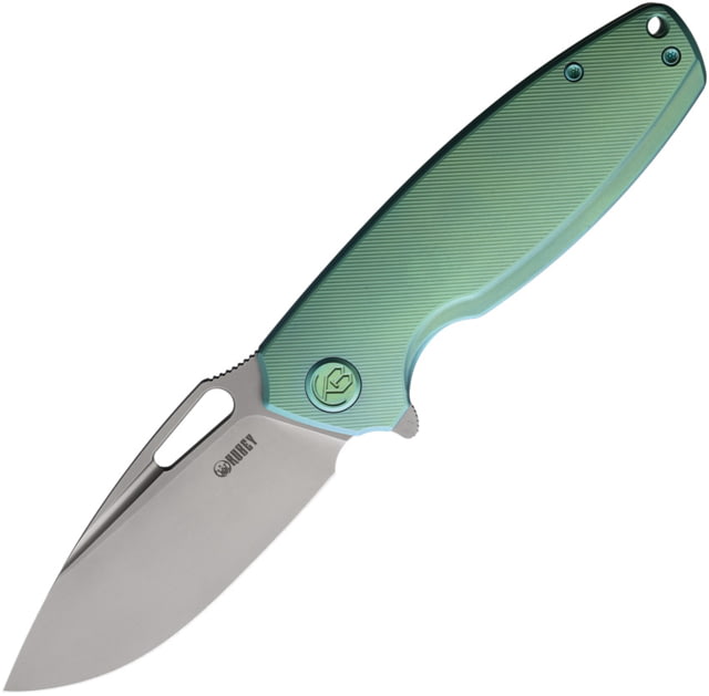 Kubey Tityus Green Ti Folding Knife 4.75in Closed 3.38in Bead Blast 14C28N Sandvik SS Blade Green Textured Titanium Handle - Kubey