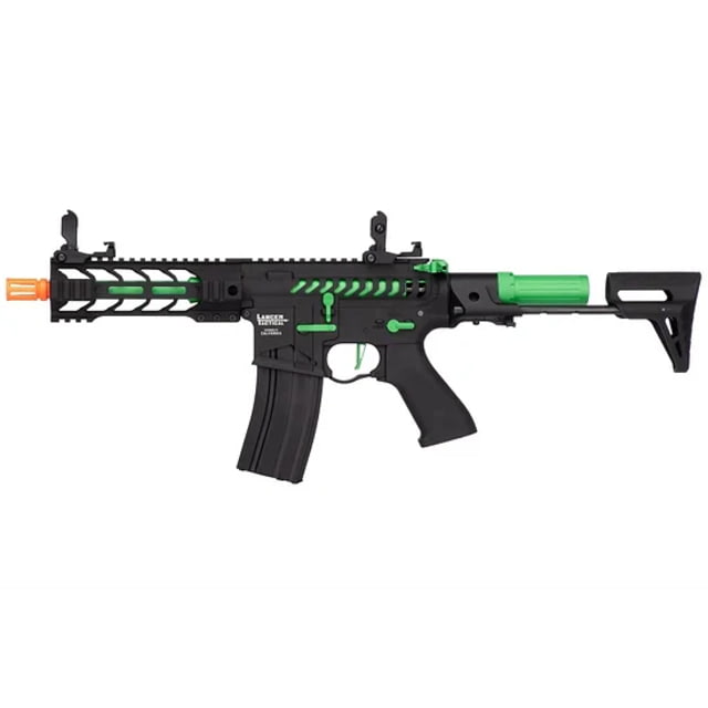 Lancer Tactical Proline Enforcer Battle Hawk 7in Skeleton M4 Airsoft Rifle w/ PDW Stock Black/Green - Lancer Tactical