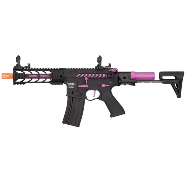 Lancer Tactical Proline Enforcer Battle Hawk 7in Skeleton M4 Airsoft Rifle w/ PDW Stock Black/Purple - Lancer Tactical