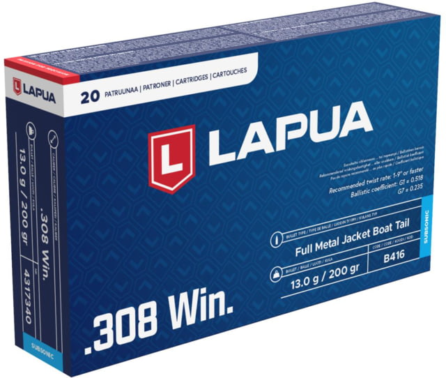 Lapua .308 Winchester 200 grain Subsonic FMJBT Brass Centerfire Rifle Ammo 20