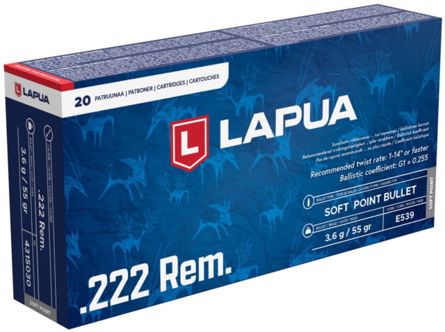 Lapua .222 Remington 55 Grain Soft Point Brass Cased Rifle Ammo 20 Rounds