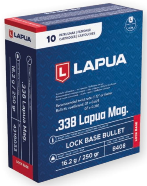 ua Lock Base .338 Lapua Magnum 250 Grain Lock Base Brass Centerfire Rifle 10 Round Ammo