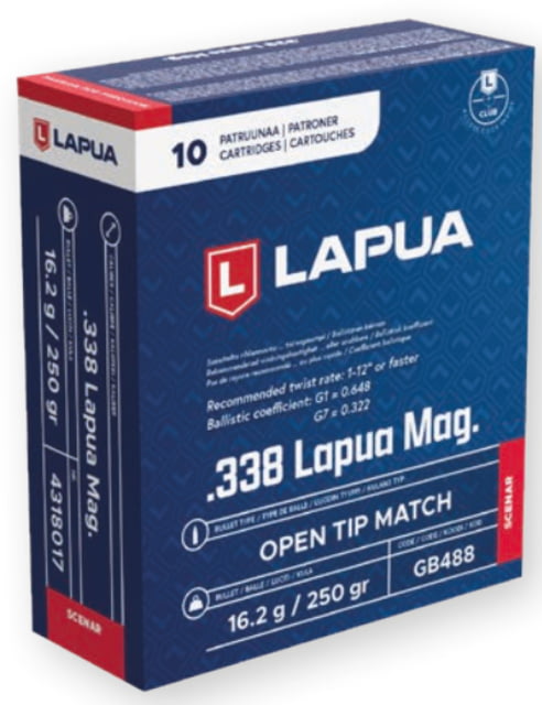ua Scenar .338 Lapua Magnum 250 Grain Scenar Open Tip Match Brass Cased Centerfire Rifle 10 Rounds Ammo