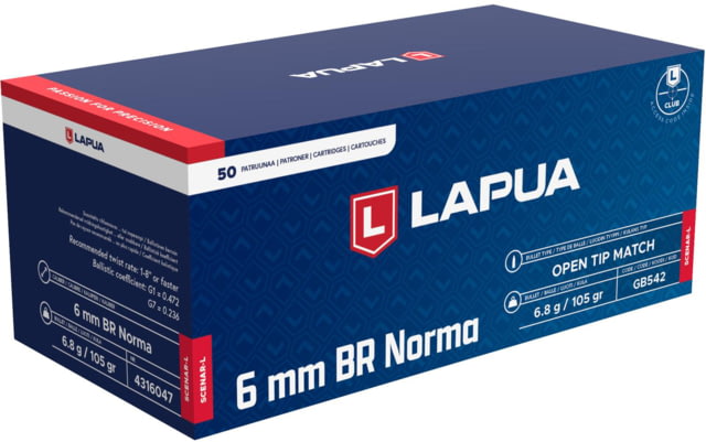ua Scenar-L 6mm Norma BR 105 Grain Scenar-L Open Tip Match Brass Cased Centerfire Rifle 50 Rounds Ammo