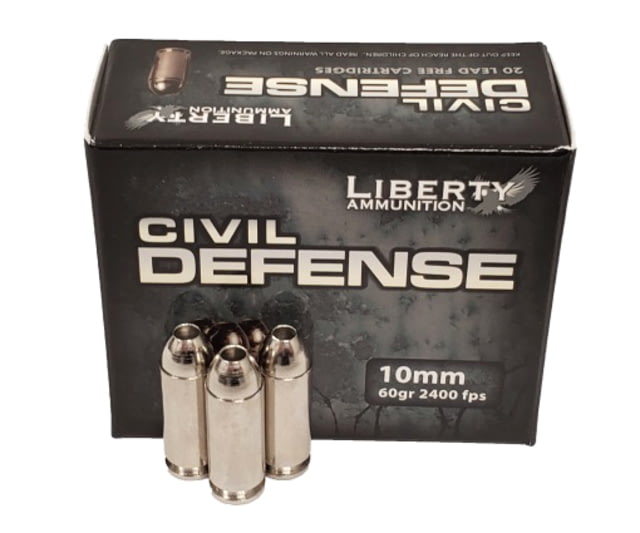 erty Ammunition Civil Defense 10mm Auto 60 Grain Fragmenting Hollow Point Brass Cased Centerfire Pistol 20 Rounds Ammo