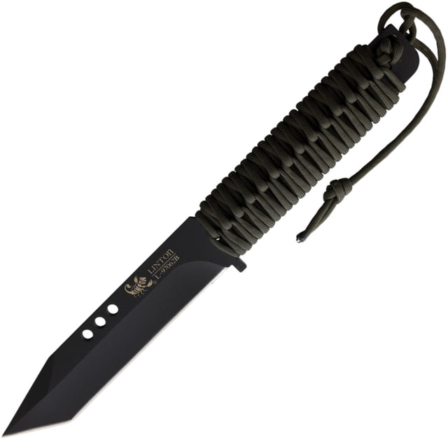 Linton Cutlery 12.25in Black Cord Wrapped Knife 12.25in Overall 6.5in Black Coated Stainless Tanto Blade OD Green Cord Wrapped Handle No Sheath - Linton Cutlery