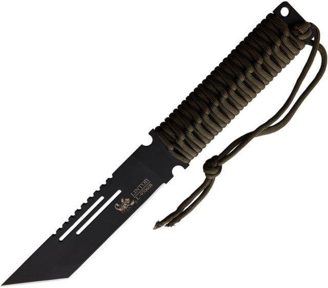 Linton Cutlery 12.25in Fixed Blade Black Knife 12.25in Overall 6in Black Powder Coated Stainless Tanto Blade OD Green Cord Wrapped Handle No Sheath - Linton Cutlery