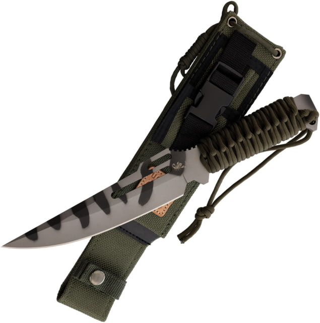 Linton Cutlery Cord Wrapped Camo Knife w/ Sheath 12.75in Overall 7in Camo Clip Point Blade OD Green Cord Wrapped Handle Synthetic Sheath - Linton Cutlery