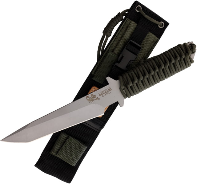 Linton Cutlery Cord Wrapped Fixed Blade Knife w/ Sheath 12in Overall 6in Bead Blast Stainless Tanto Blade OD Green Cord Wrapped Handle Nylon Sheath - Linton Cutlery