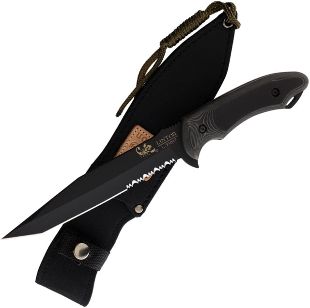Linton Cutlery Black Powder Coated Fixed Blade Knife 12in Overall 7in Black Powder Partially Serrated Stainless Tanto Blade Black Micarta Handle Nylon - Linton Cutlery