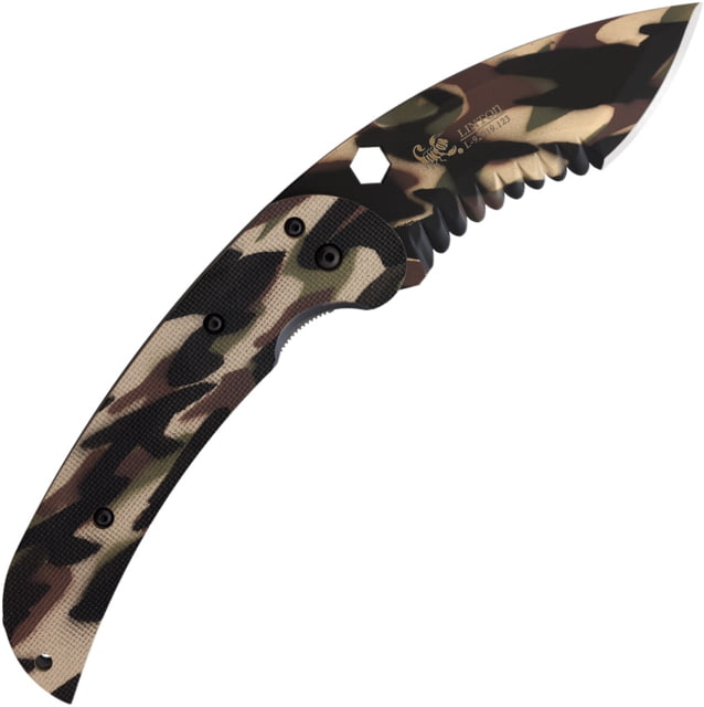 Linton Cutlery Large Tactical Camo Serrated Textured Knife 6.5in Closed 4.5in camo Partially Serrated Curved Blade Camo Textured G10 Handle