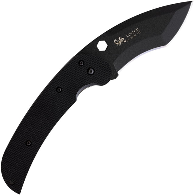 Linton Cutlery Large Tactical Black Curved Folding Knife 6.5in Closed 4.5in Black Stainless Curved Blade Black Textured G10 Handle