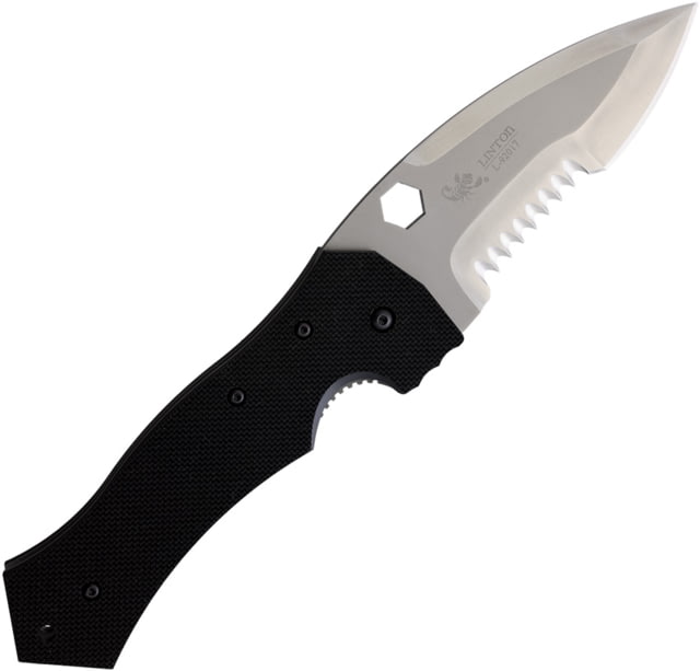 Linton Cutlery Large Tactical Serrated Folding Knife 6in Closed 4.5in Partially Serrated Stainless Blade Black Textured G10 Handle