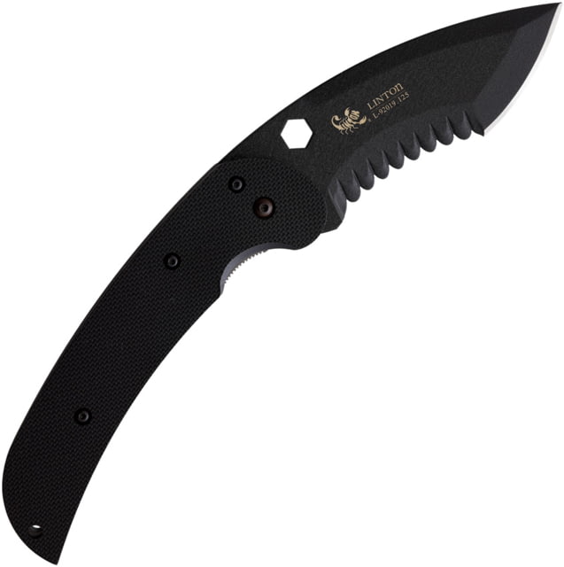 Linton Cutlery Large Tactical Black Serrated Folding Knife 6.5in Closed 4.5in Black Partially Serrated Curved Blade Black Textured G10 Handle