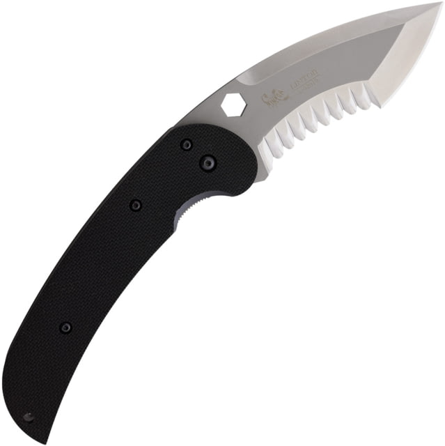 Linton Cutlery Large Tactical Satin Serrated Folding Knife 6.5in Closed 4.5in Satin Partially Serrated Curved Blade Black Textured G10 Handle