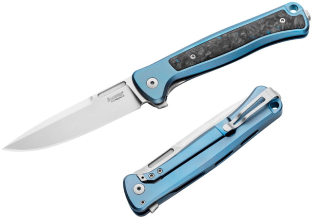 Lionsteel Skinny Framelock Folding Knife by Michele Pensato 4.5in Closed 3.5in Stonewash CPM MagnaCut Stainless Blade Blue Titanium Handle - Lionsteel