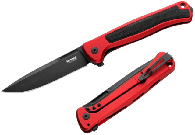Lionsteel Skinny Framelock Folding Knife by Michele Pensato 4.5in Closed 3.5in Black Stonewash CPM MagnaCut Stainless Blade Red Aluminum Handle